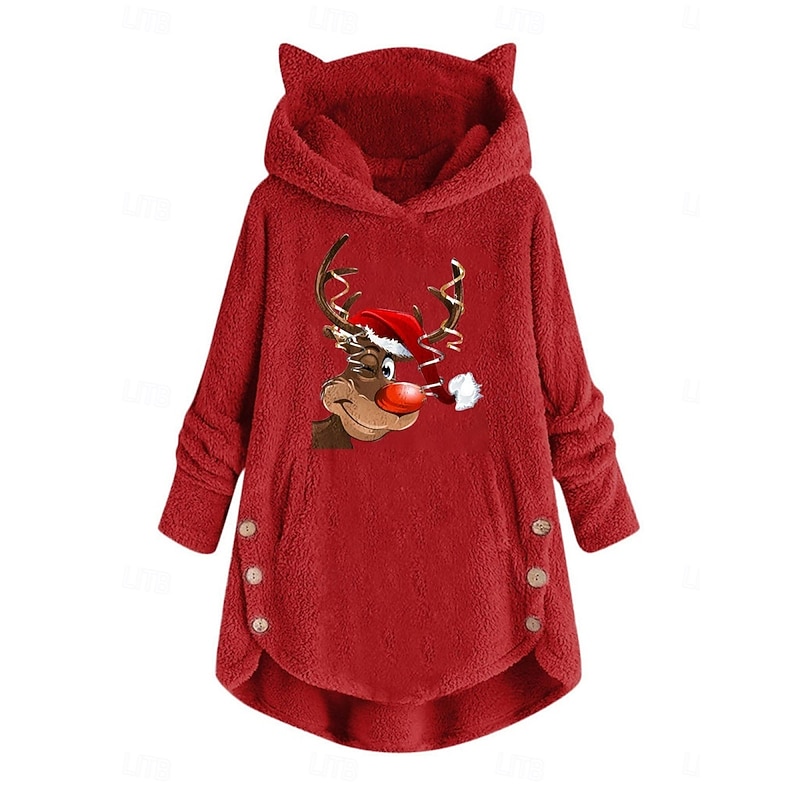 Women's Pullover Hoodie Sweatshirt Reindeer Casual Long Sleeve Hooded Crop Tops Street Dailywear Casual Pocket Print Pink Wine Gray Fall Winter