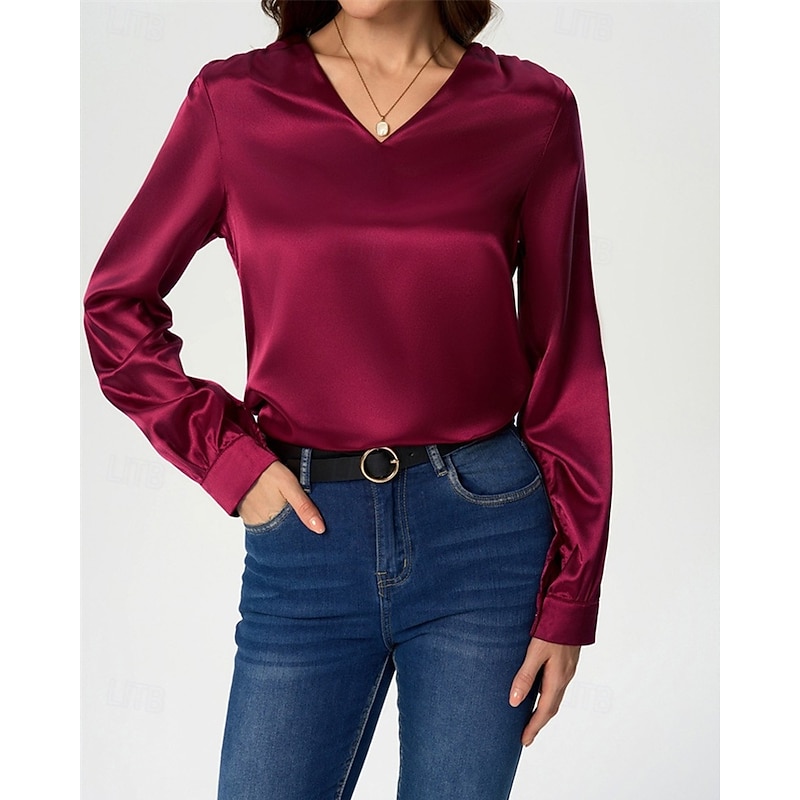 Women's Shirt Elegant Dressy Satin Solid Color Stylish Casual Long Sleeve V Neck Regular Tops Daily Going out Black White Wine Royal Blue Green Spring Fall