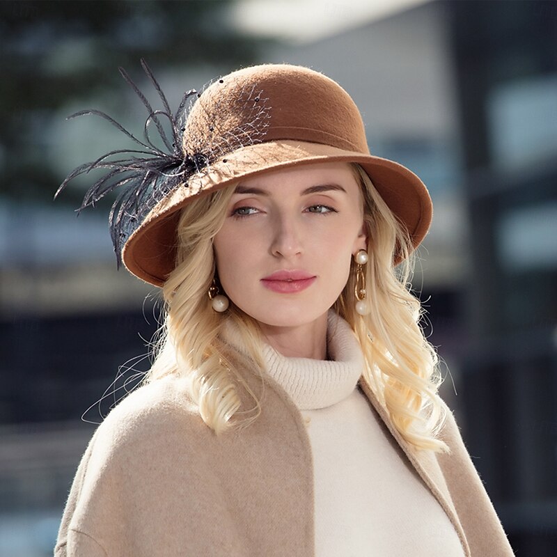 Hats 100% Wool Bowler / Cloche Hat Fedora Hat Wedding Tea Party Elegant Retro With Tulle Headpiece Headwear