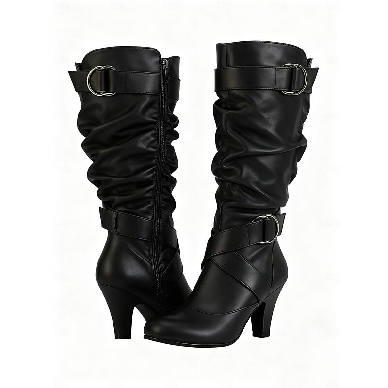 Women's Knee-High Boots with Buckle Straps and Slouchy Design, Featuring Mid-Heel and Versatile Style for Casual and Evening Wear4