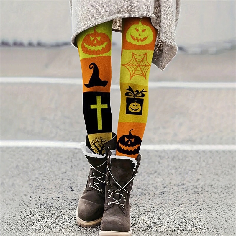 Women's Leggings Cozy Leggings Basic Casual Full Length High WaistPantsHalloween Pumpkin Printing Thermal Warm Comfortable Stretchy Vacation Casual Daily Orange Fall Winter Slim Fit