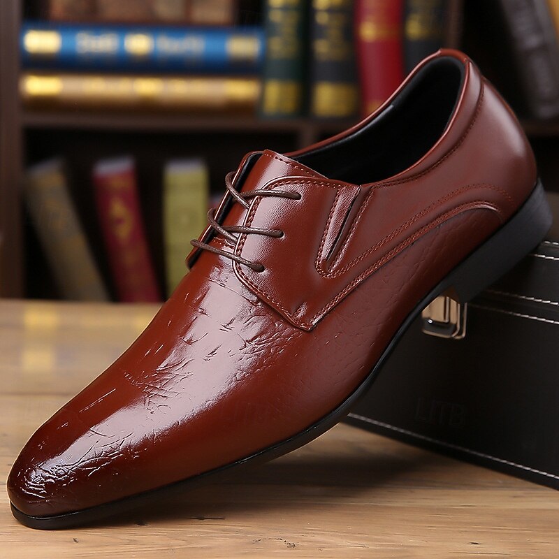 Men's Glossy Brown Crocodile Pattern Leather Dress Shoes – Elegant Lace-Up Formal Shoes for Office Wear, Banquets and Evening Events4