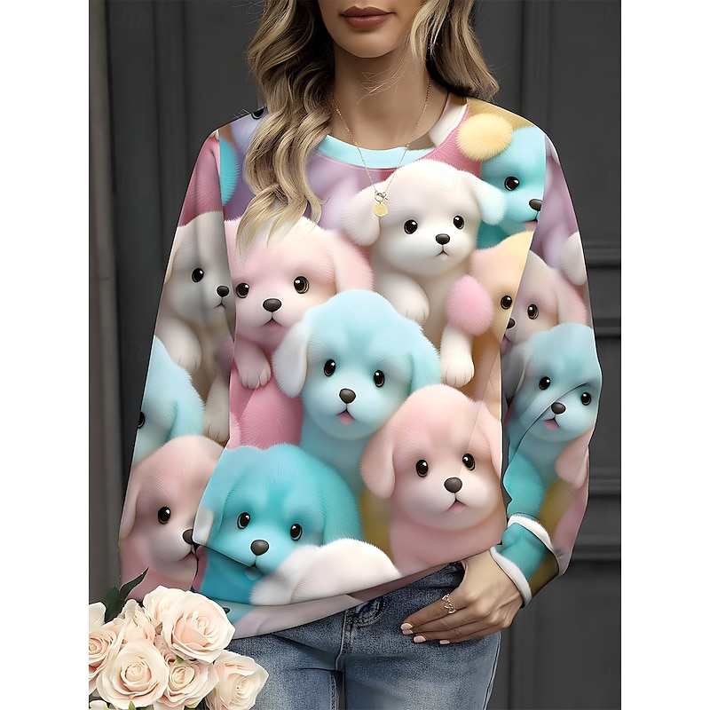 Women's Sweatshirts Graphic Animal Dog Vintage Casual Long Sleeve Crew Neck Round Neck Regular Tops Street Dailywear Casual Print Light Pink Spring Fall Winter
