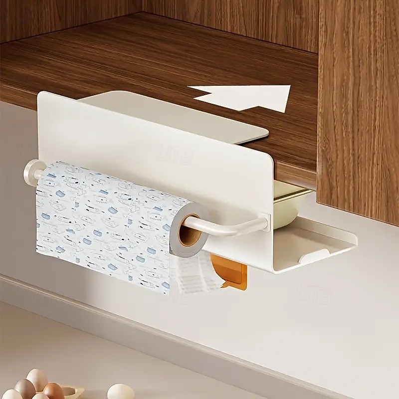 Wall-Mounted Cabinet Paper Towel Holder Under Cabinet Storage Box with Space-Saving Design Kitchen Storage Rack for Plastic Wrap and Dishcloths Modern Kitchen Countertop or Cabinet Organizer4