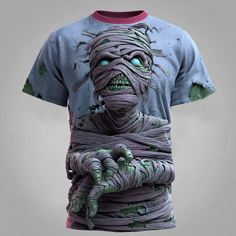 Halloween Men's Optical Illusion 3D Mummy T Shirt Short Sleeve T shirt 3D Print Crew Neck Shirt Exaggerated Designer Horror Party Street Holiday Blue Green Khaki Summer Spring All Seasons Clothing3
