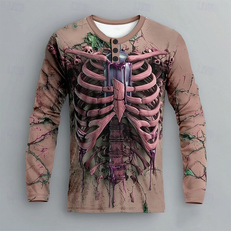 Men's Halloween Skeleton Henley Shirt Long Sleeve Fashion Cute Daily Casual Holiday Going out Fall Spring &  Fall Lake blue Green Khaki Henley Collar Henley Henley T-Shirt3