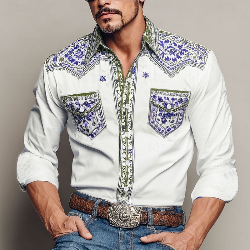 Men's Floral Print Ethnic Flowers Shirt Western Shirt Cowboy Shirt Long Sleeve Vintage Retro Outdoor Casual WorkWear Spring Fall Turndown Front Two Pockets Linen Like Shirt Button Up Shirts Blue2