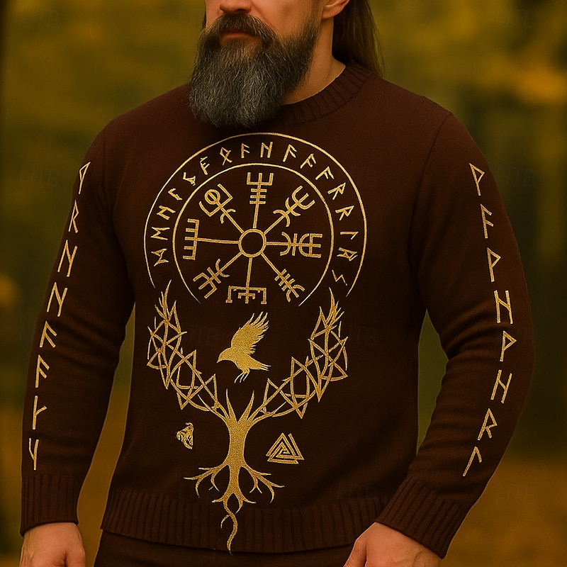 Men's Viking Pullover Sweater Jumper Knitwear Crewneck Retro Vintage Casual Vacation Daily 3D Print Keep Warm Long Sleeve Spring Fall Winter Dark Brown Black2