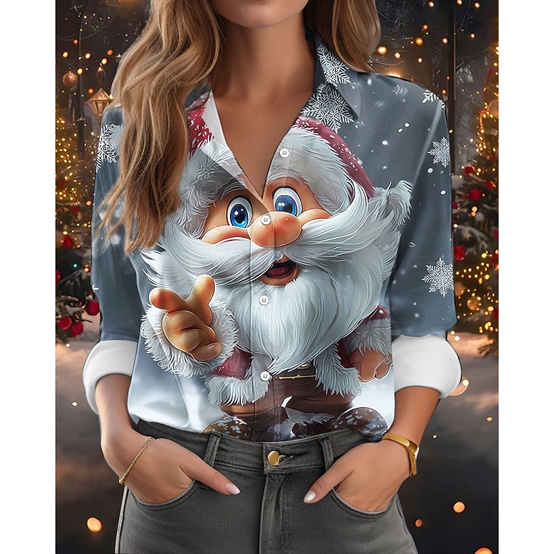 Christmas Women's Shirt Graphic Santa Claus Elegant Vintage Tropical Long Sleeve Shirt Collar Regular Tops Work Daily Holiday Blue Green Gray Fall Winter2
