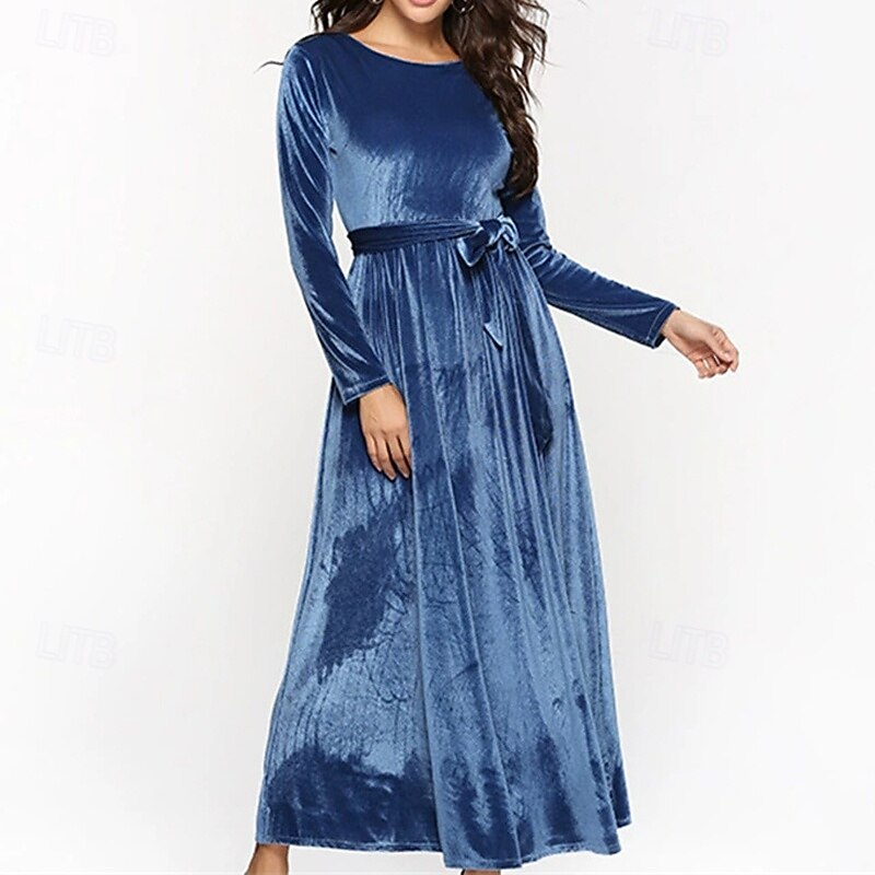 Women's Midi Dress Velvet Dress Cocktail Dress Elegant Fashion Modern Outdoor Party Party Evening Wear Regular Fit Plain Long Sleeve Crew Neck Blue Spring Winter Autumn4