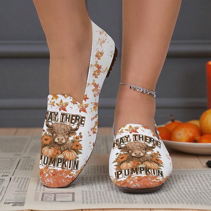 Women's Halloween Cat Print Loafers – Black and White Flyknit Slip-on Shoes with Cute Cartoon Design for Casual Party Outfits2