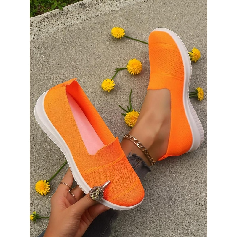 Women's Bright Orange Flyknit Slip-On Sneakers – Lightweight Breathable Walking Shoes for Daily Casual and Travel3