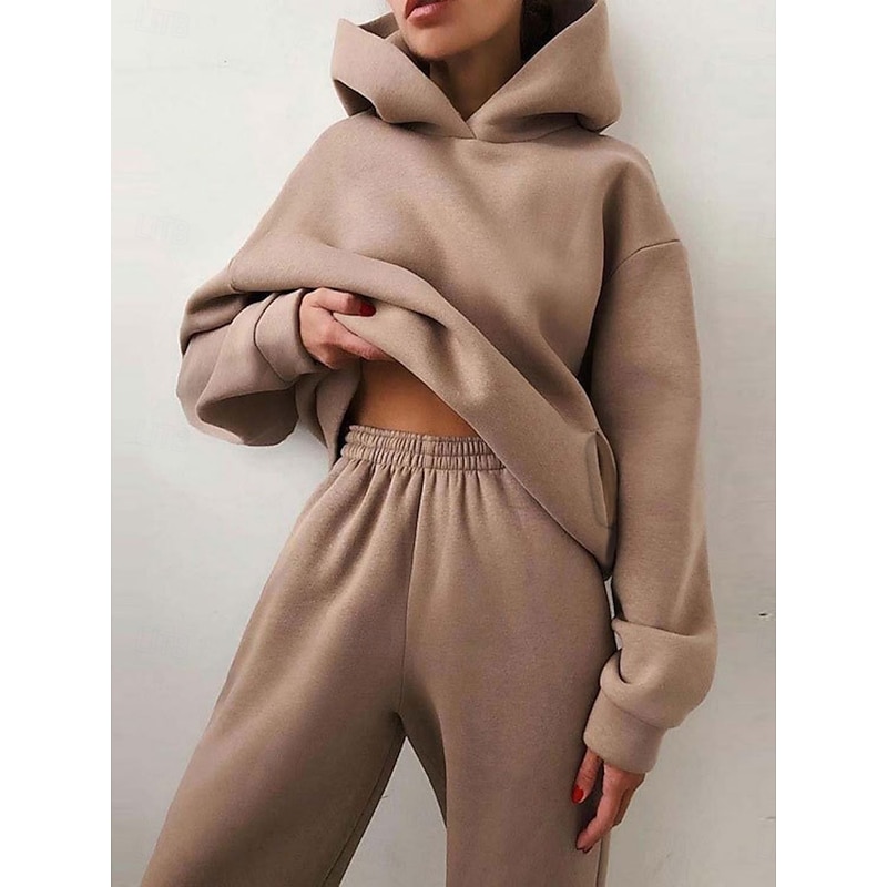Women's Fashion Streetwear Hoodie Pants Sets Bolero Top Long Sleeve Hooded Solid Color Outdoor Casual Daily Black Blue Brown Spring Regular Fit