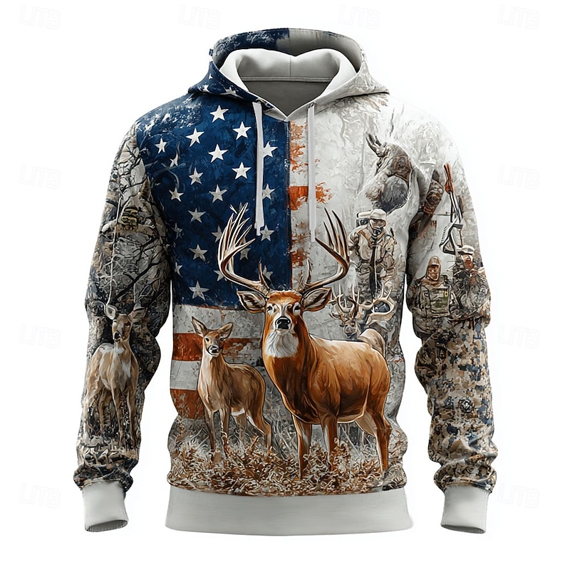 Men's Deer Hoodie Sweatshirt Fashion Classic Crew Neck Outdoor Hunting White Brown Drawstring Fall Winter Designer3