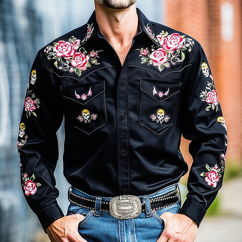 Men's Floral Print Skulls Flowers Shirt Western Shirt Cowboy Shirt Long Sleeve Vintage Retro Outdoor Casual WorkWear Spring Fall Turndown Front Two Pockets Linen Like Shirt Button Up Shirts Black 1