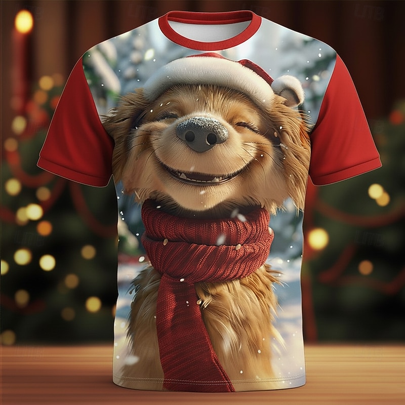 Christmas Men's Cat T Shirt Short Sleeve T shirt 3D Print Crew Neck Shirt Daily Designer Artistic Vacation Party Street Red 3 Red Red 2 All Seasons Clothing Apparel S M L XL XXL XXXL2
