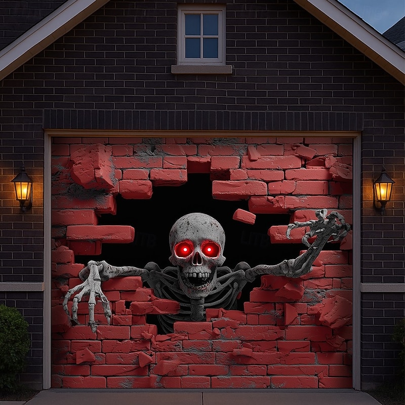 Halloween Garage Door Cover 3D Hole Effect Skeleton with Glowing Red Eyes Banner Haunted House Horror Scene Spooky Backdrop Tapestry for Outdoor Wall Fence Yard Halloween Party Decoration2