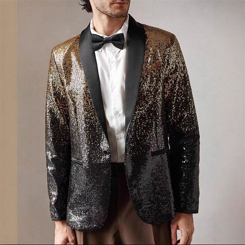 Men's Blazer Business Cocktail Party Wedding Party Fashion Casual Spring Fall Polyester Gradient Sequins Pocket Comfortable Single Breasted Blazer Gold