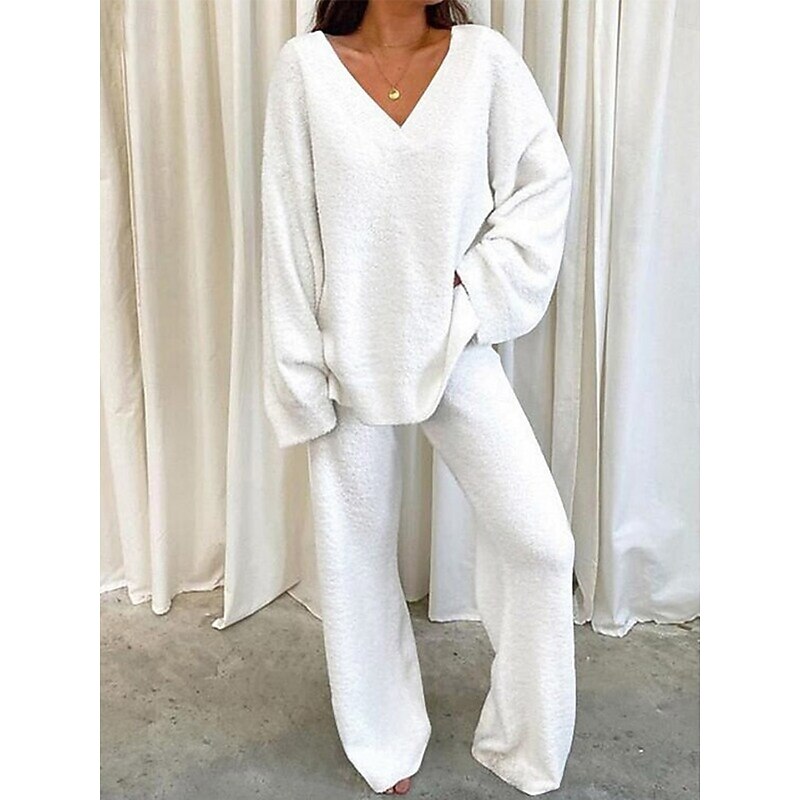 Women's Fashion Streetwear Pants Sets Bolero Top Long Sleeve V Neck Solid Color Outdoor Work Casual Black White Pink Fall Regular Fit