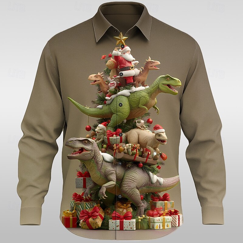 Christmas Men's Santa Claus Dinosaur Christmas Tree Shirt Button Up Shirt Long Sleeve Funny Outdoor Holiday Spring Fall Turndown 3D Print Collared Shirts Purple Green Khaki3