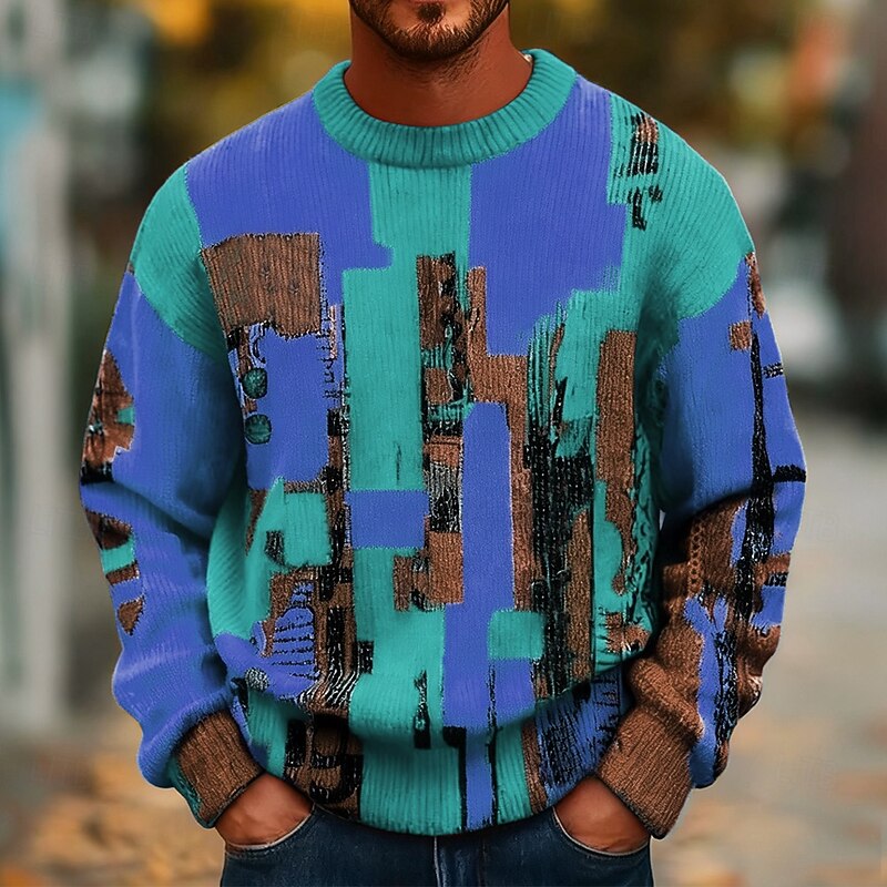 Men's Color Block Pullover Sweater Jumper Knitwear Crewneck Casual Vacation Street Daily 3D Print Knitting Keep Warm Long Sleeve Spring Fall Winter Yellow Red Blue2