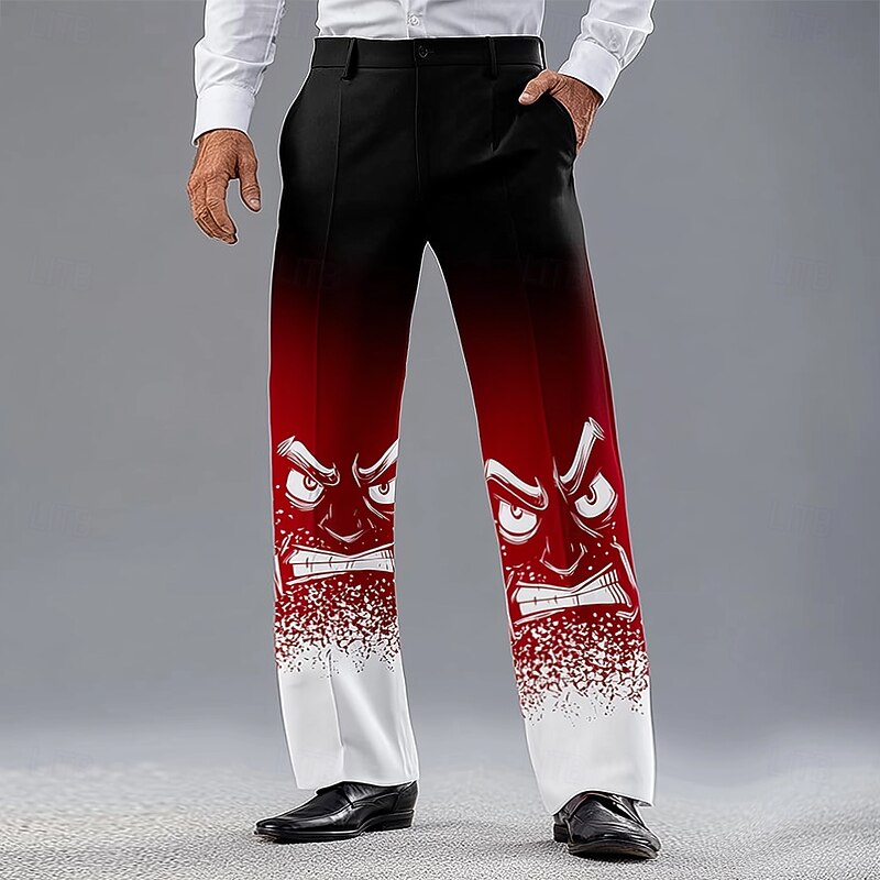 Christmas Men's Funny Face Printed Trousers Dress Pants Suit Pants Mid Waist Funny Holiday Streetwear Relaxed Fit Flat Front Dress Pants with Side Pockets Spring Fall 3D Print Black