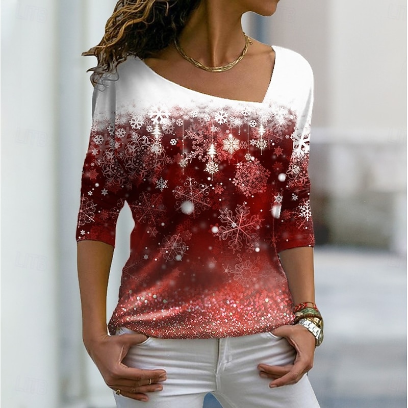 Christmas Women's T Shirt Graphic Snowflake Vintage Stylish Basic Long Sleeve V Neck Off Shoulder Regular Tops Weekend Print Asymmetrical Red Blue Purple Green Winter Spring, Fall, Winter, Summer4
