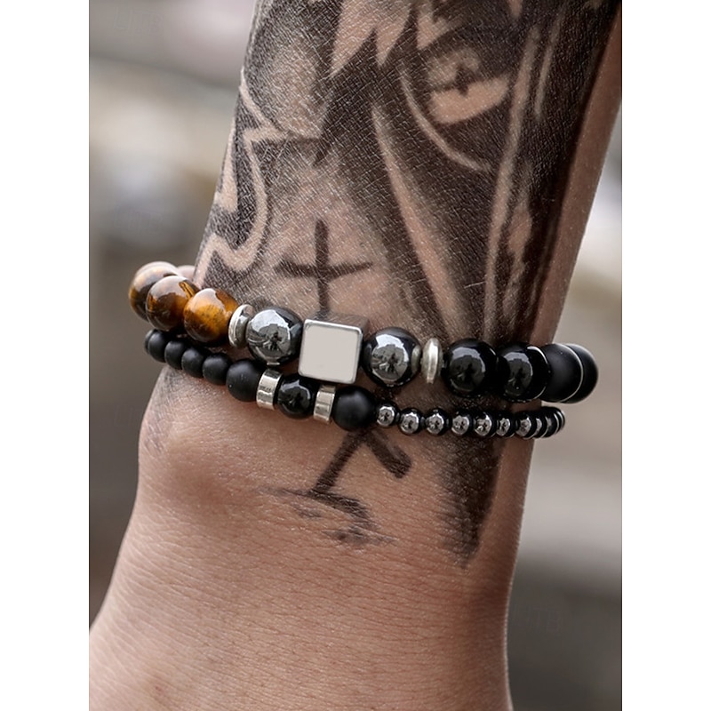 Men's Beaded Bracelet Set with Natural Stone and Hematite Beads, Adjustable Layered Wristband Jewelry for Casual Wear, Parties and Gifts3