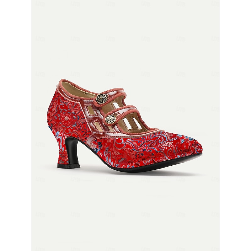 Women's 1920s Vintage Jacquard Mary Jane Heels - Edwardian Double Strap Dress Shoes with Buttons for Ladies' Tea Parties, Weddings and Gatsby Events