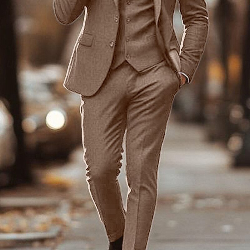 Men's Wedding Casual Business Suits Notch Lapel Brown Daily Formal Solid Colored Tailored Fit 3 Piece Single Breasted Two-buttons3