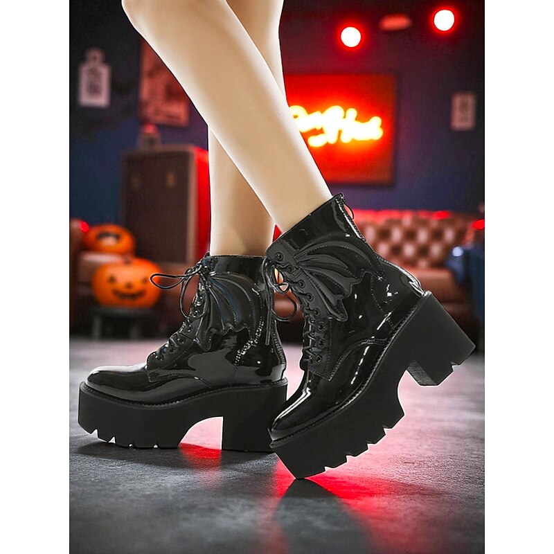 Women's Black Gothic Halloween Platform Combat Boots with Bat Wings - Faux Patent Leather Lace-Up Chunky Boots for Cosplay, Costume Parties and Edgy Streetwear2