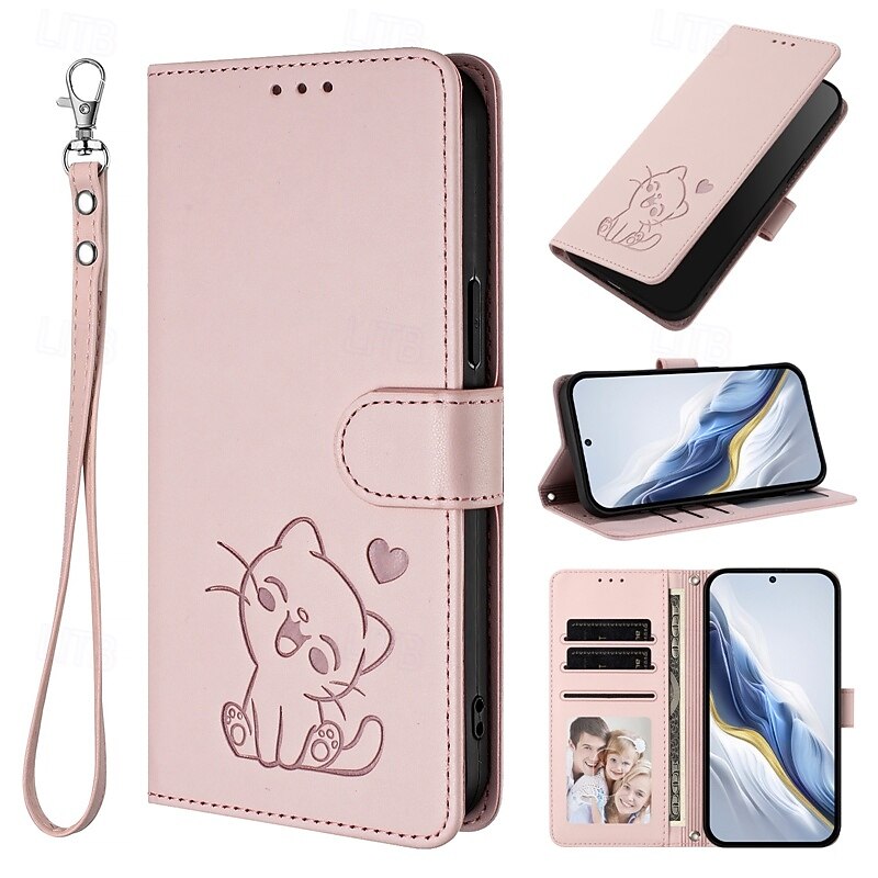 Phone Case For Google Pixel 9 Pro Pixel 9 Pro XL Pixel 8 Pro Pixel 8 Wallet Case Full Body Protective with Lanyard Camera Lens Protector Cat Retro TPU PU Leather3
