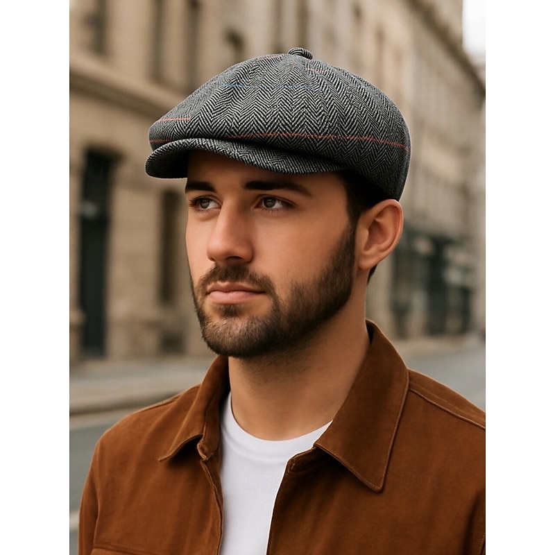 Men's Vintage Herringbone Newsboy Cap – Classic Tweed Flat Ivy Hat, Retro Gatsby Style Beret for Casual Wear and Outdoor Parties3
