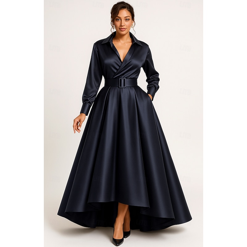 A-Line Mother of the Bride Dress Elegant Vintage Shirt Collar Asymmetrical Floor Length Satin Long Sleeve with Bow(s)
