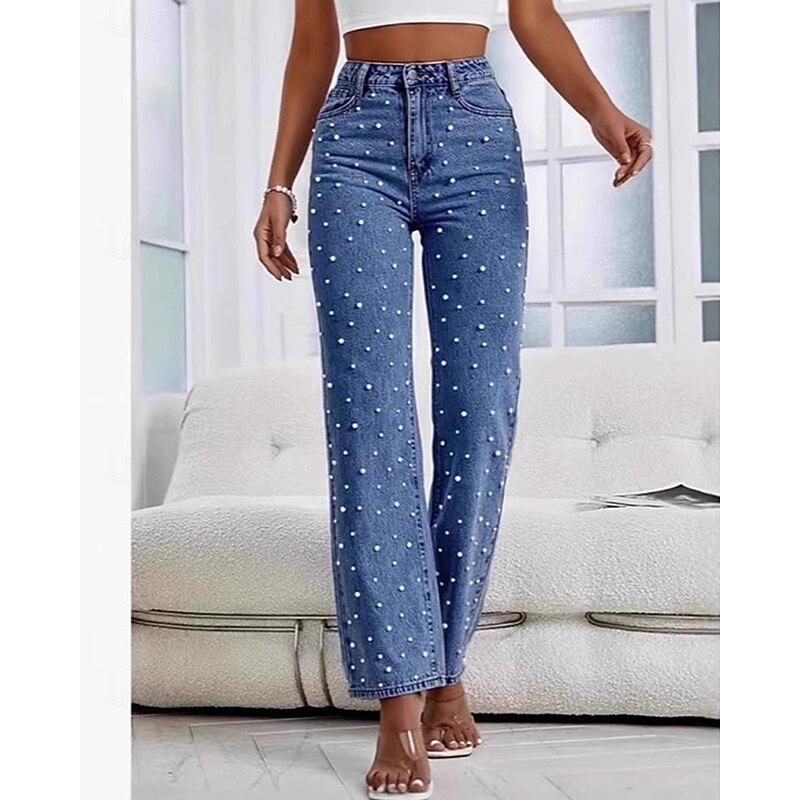 Women's Jeans Vacation Streetwear Full Length Medium Waist Polka Dot Pocket Comfortable Micro-elastic Outdoor Vacation Daily Dark Navy Light Blue Spring Fall Regular Fit3
