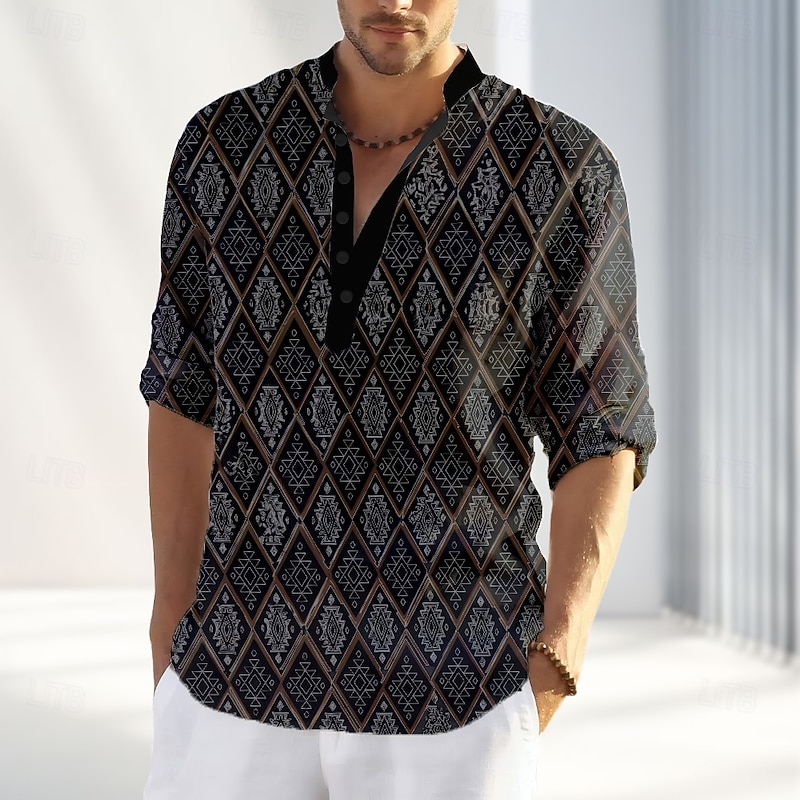 Men's Geometric Print T Shirt Henley Shirt Long Sleeve Retro Vintage Bohemian Casual Street Casual Daily Summer Spring Fall Black White Henley Henley T-Shirt