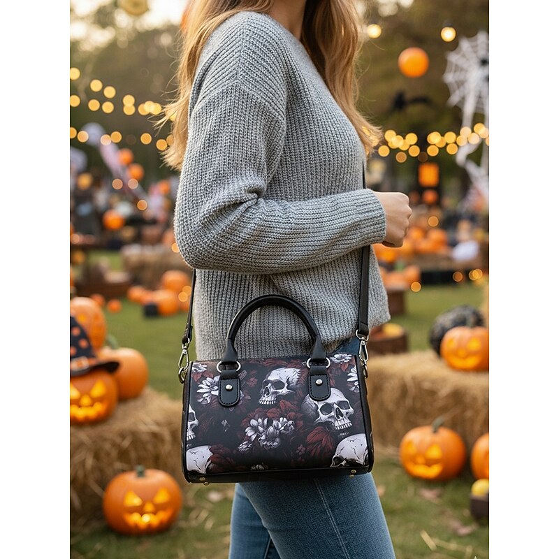 Women's Halloween Skull Print Handbag – Gothic Faux Leather Top Handle Shoulder Bag for Casual, Party and Holiday Outfits2