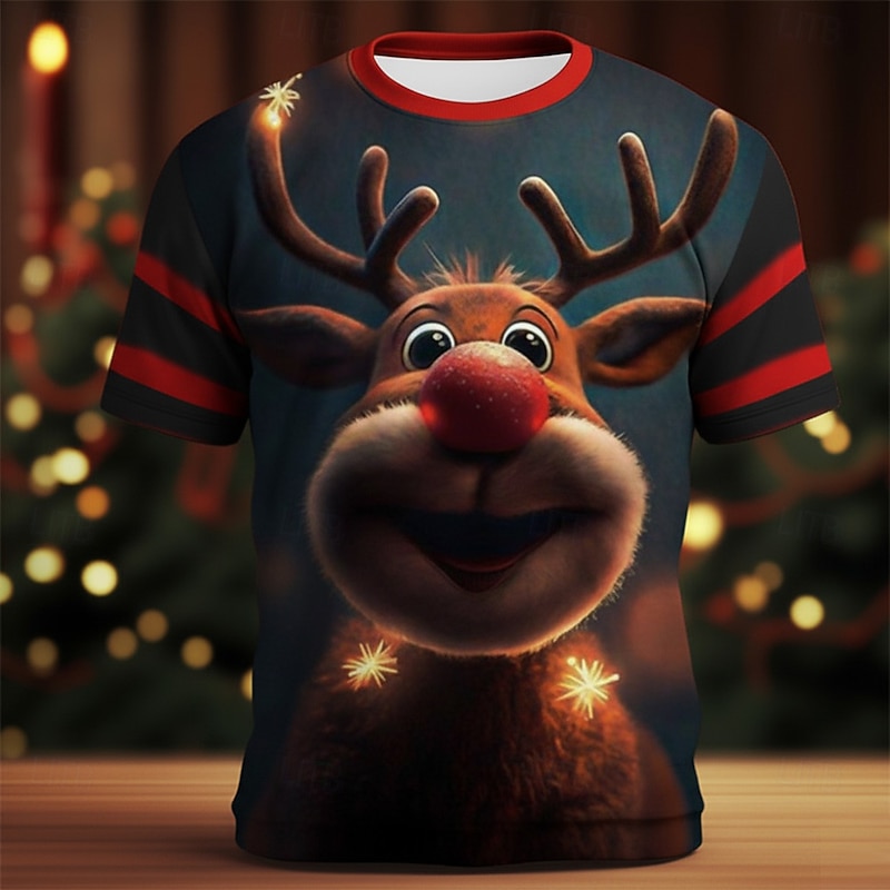 Christmas Men's Elk T Shirt Short Sleeve T shirt 3D Print Crew Neck Shirt Daily Designer Artistic Vacation Party Street Red Red 2 All Seasons Clothing Apparel S M L XL XXL XXXL2