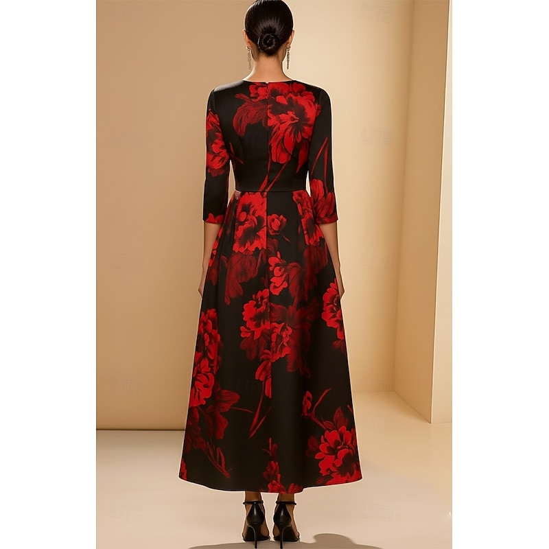 A-Line Cocktail Dresses Elegant Formal Dress Formal Wedding Tea Length 3/4 Length Sleeve V Neck Satin with Floral Print 20253