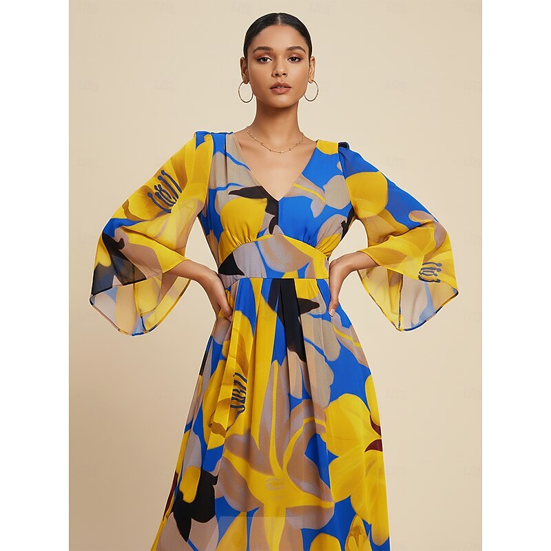 Women's Maxi Dress Chiffon Abstract Floral Print Sheer Flowing Casual Vacation Travel Resort Spring Summer Fall3