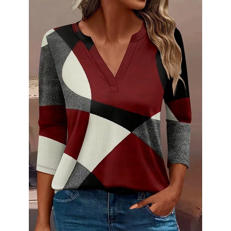 Women's T Shirt Graphic Geometric Vintage Stylish Classic Long Sleeve V Neck Notched Neck Regular Tops Daily Print Red Blue Purple Green Spring Fall Winter
