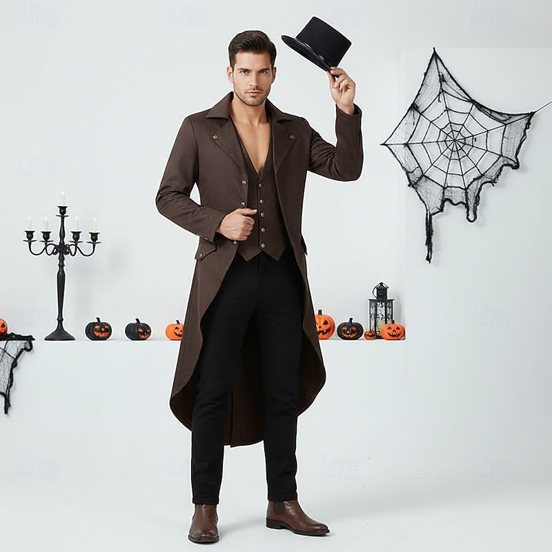 Medieval Renaissance Steampunk Coat Tuxedo Tailcoat Vampire Mad Hatter Nobleman Fancy Dress Men's Fantasy Steampunk Halloween Carnival Party Party / Evening Masquerade Adults' Coat Hat All Seasons3
