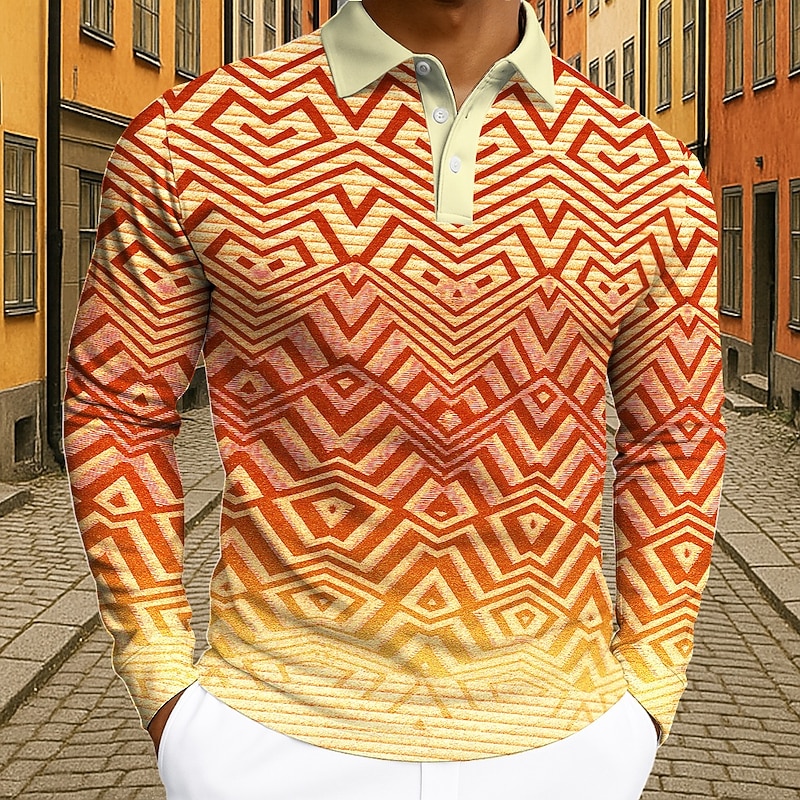 Men's Geometic Polo Long Sleeve Polo Shirts Lapel Casual Street Athleisure Daily Wear 3D Print Buttons Spring Fall Winter Blue Orange Green3