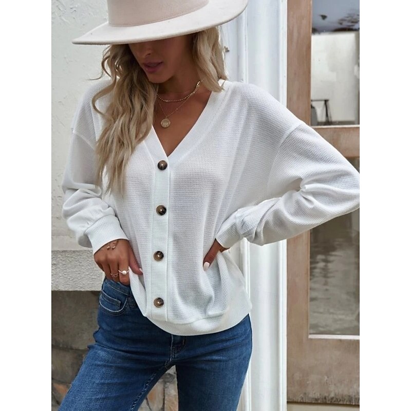 Women's Blouse Solid Color Stylish Casual Long Sleeve V Neck Regular Tops Daily Buttons Black White Army Green Blue Khaki Spring Fall Winter2