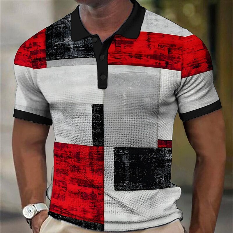 Men's Plaid Waffle Polo Shirts Golf Shirt Short Sleeve Polo Shirts Collared Shirts Vintage Casual Vacation Wear Formal Wear Festival Wear Buttons 3D Print Black Yellow Red2