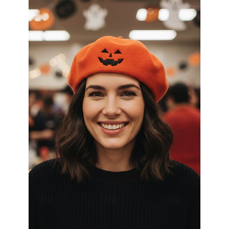 Women's Halloween Pumpkin Beret Hat – Vintage Wool Blend French Style Cap for Costume Party, Cosplay and Autumn Outfits4