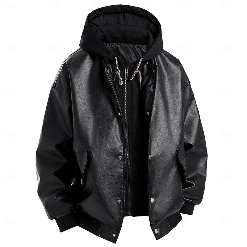 Men's Faux Leather Jacket Hoodie Jacket Motorcycle Jacket Outdoor Casual Windbreaker Hooded Fake two piece Fall Winter Solid Color Punk Active Hooded Regular Black Brown Khaki Jacket3