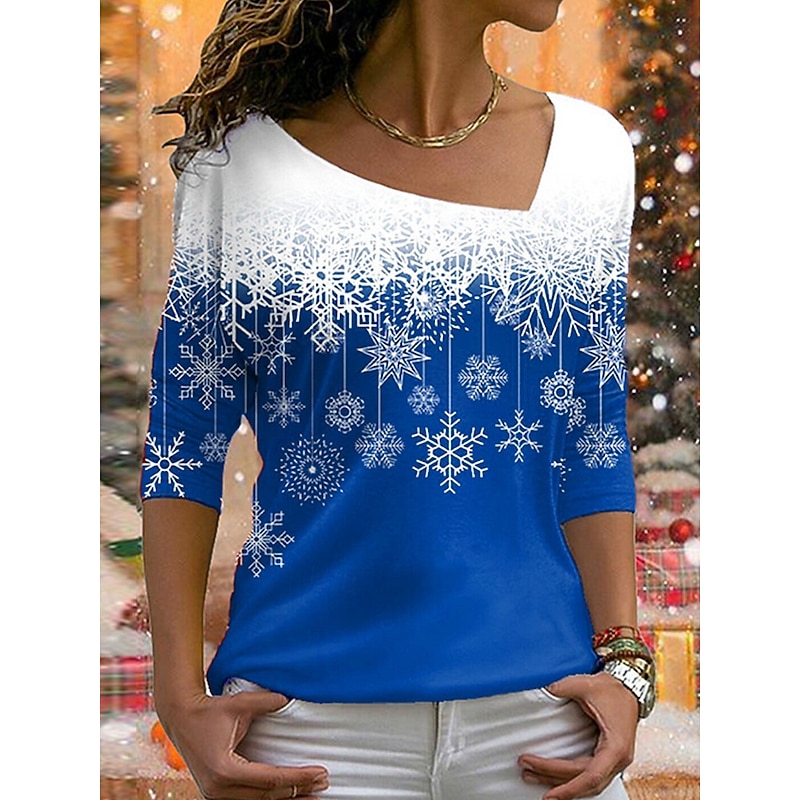 Christmas Women's T Shirt Graphic Snowflake Vintage Stylish Basic Long Sleeve V Neck Regular Tops Weekend Print Asymmetrical Red Blue Purple Orange Green Winter Spring, Fall, Winter, Summer2