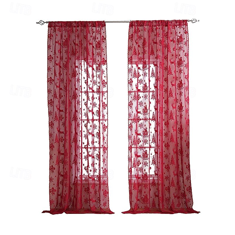 Red Christmas Decorative Curtains, American Style Holiday Window Drapes, Santa Claus Lace Sheer for Festive Home Decoration2