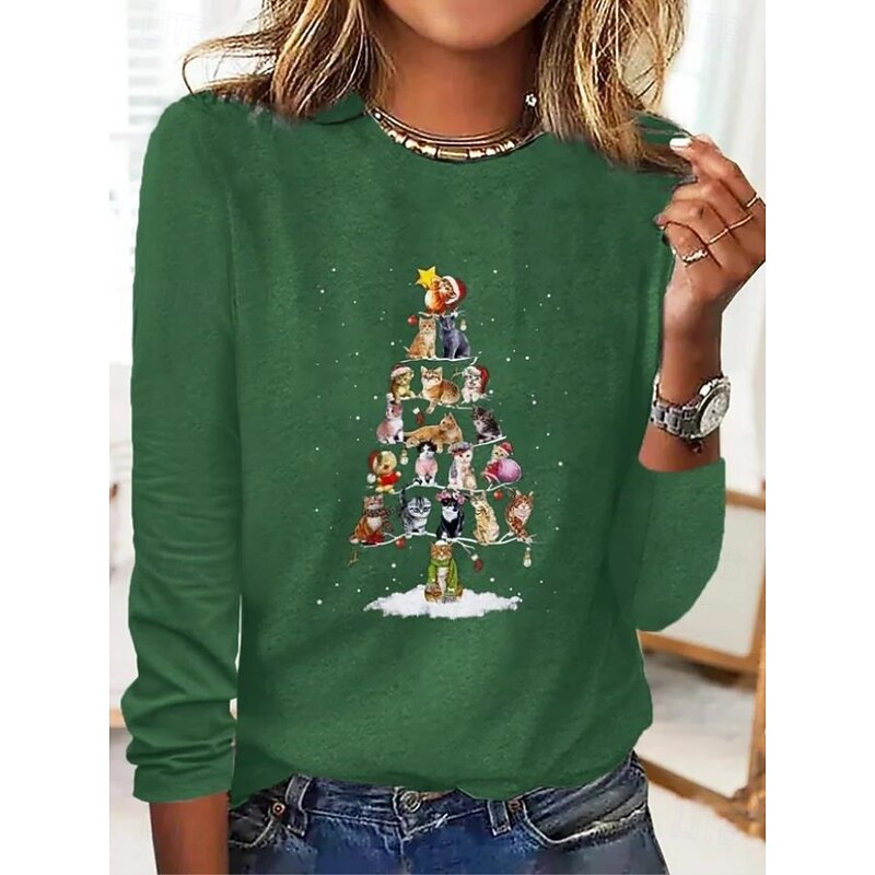 Christmas Women's T Shirt Graphic Cat Christmas Tree Vintage Fashion Stylish Long Sleeve Crew Neck Regular Tops Daily Weekend Print Black Red Blue Green Gray Fall Winter3